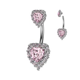 Piercing Nombril Double Cœur Zircons Rose & Blancs Acier 316L
