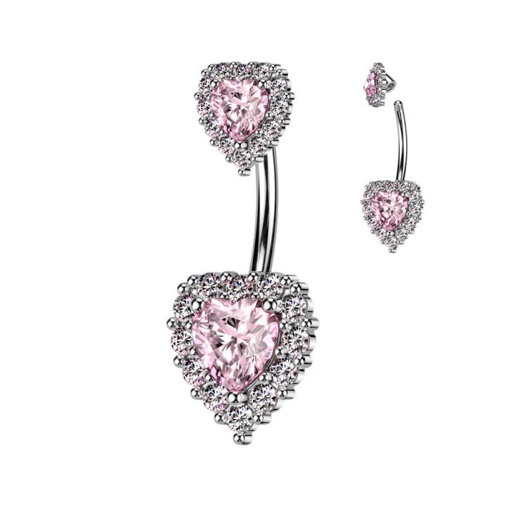 Piercing Nombril Double Cœur Zircons Rose & Blancs Acier 316L