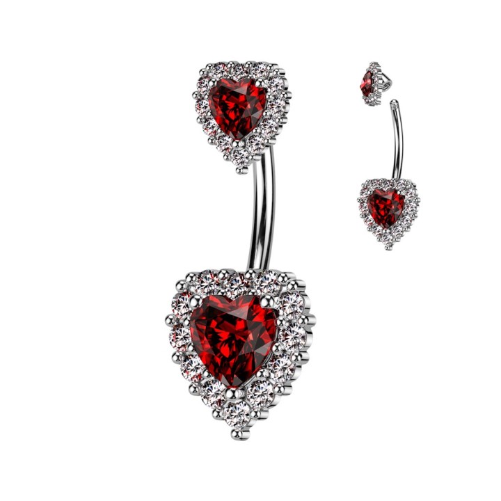 Piercing Nombril Double Cœur Zircons Rouge & Blancs Acier 316L