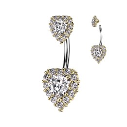 Piercing Nombril Double Cœur Doré Zircons Blancs Acier 316L