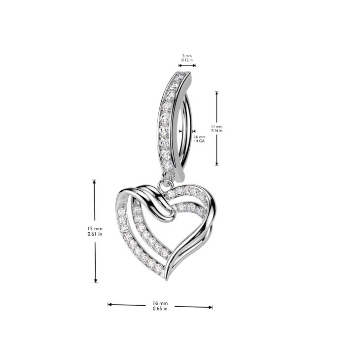 Piercing Nombril Anneau Clicker Pendentif Double Cœur Zircons