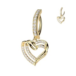 Piercing Nombril Anneau Clicker Plaqué Or Pendentif Double Cœur Zircons