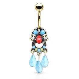 Piercing Nombril Doré PVD – Pendentif Tribal Perles Turquoises | Piercing Street