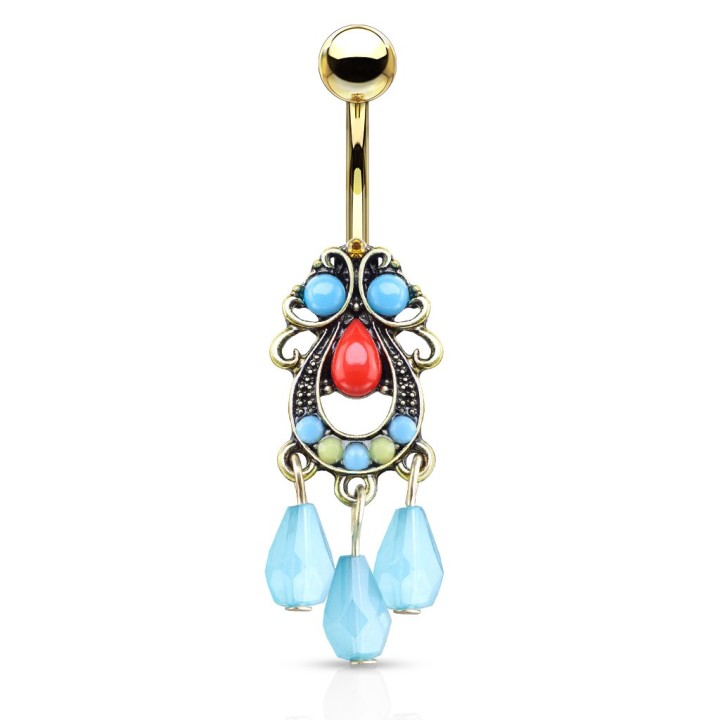 Piercing Nombril Doré PVD – Pendentif Tribal Perles Turquoises | Piercing Street