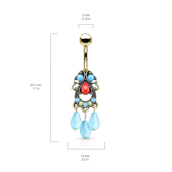 Piercing Nombril Doré PVD – Pendentif Tribal Perles Turquoises | Piercing Street