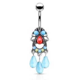 Piercing Nombril Argenté – Pendentif Tribal Perles Turquoises | Piercing Street