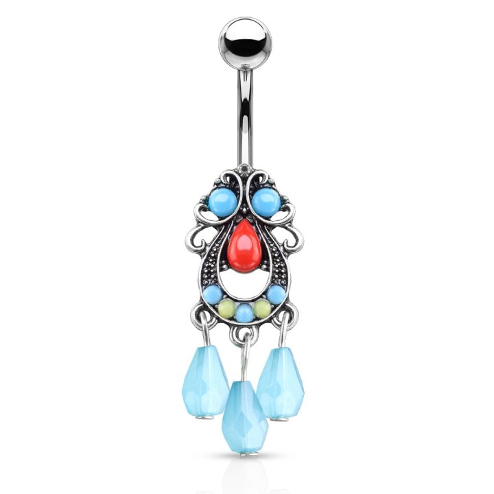 Piercing Nombril Argenté – Pendentif Tribal Perles Turquoises | Piercing Street
