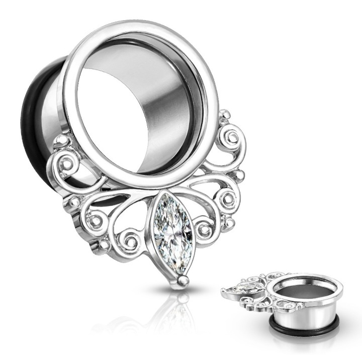 Tunnel Oreille Acier 316L Motif Filigrane Cristal Marquise – 5 à 16 mm | Piercing Street