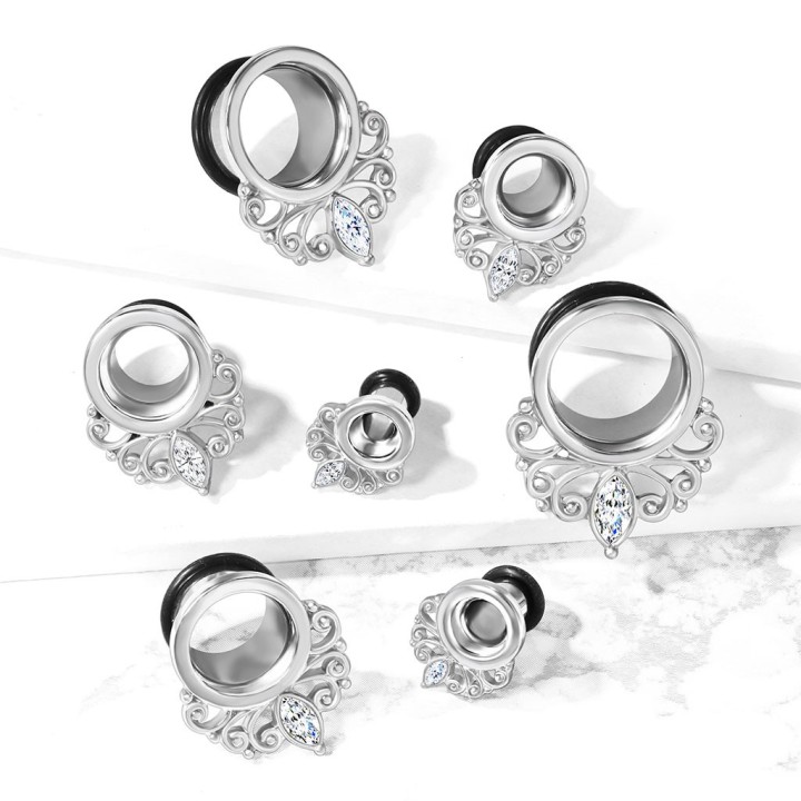 Tunnel Oreille Acier 316L Motif Filigrane Cristal Marquise – 5 à 16 mm | Piercing Street