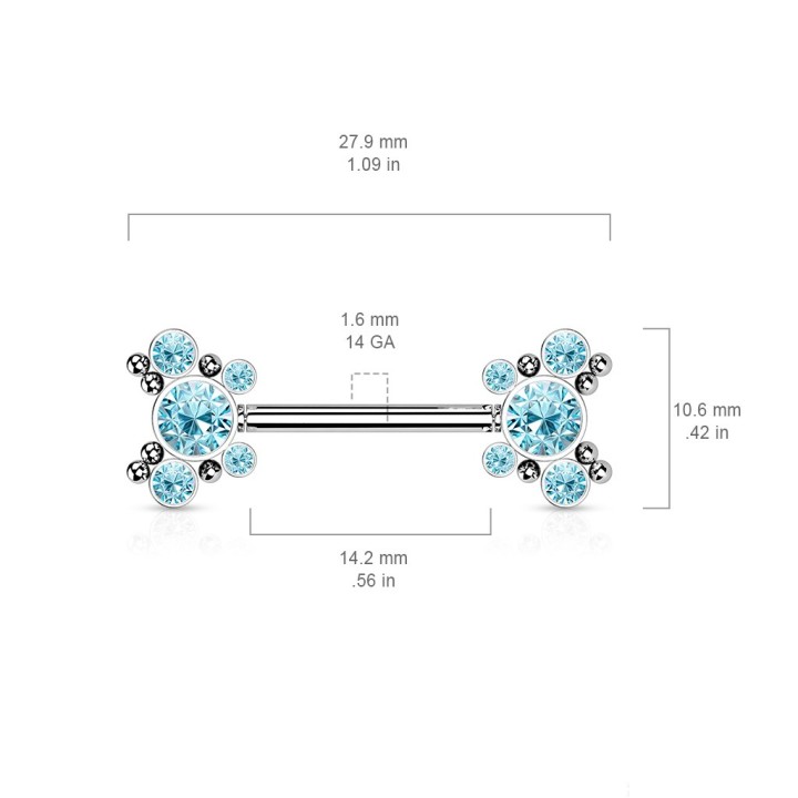 Piercing Téton Barbell Push-In Motif Papillon Zircons Turquoise – 14 mm