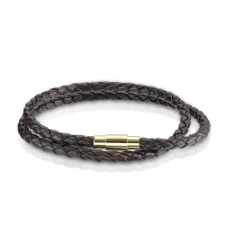 Bracelet Double Tour Cuir Tressé Marron Fermoir Magnétique Doré – 190 à 216 mm | Piercing Street