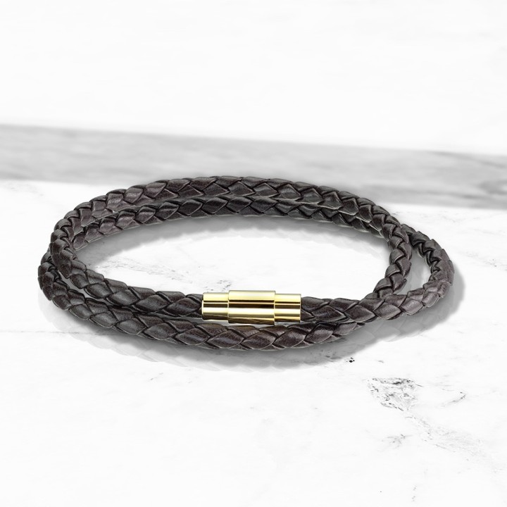 Bracelet Double Tour Cuir Tressé Marron Fermoir Magnétique Doré – 190 à 216 mm | Piercing Street
