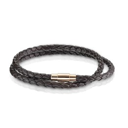 Bracelet Double Tour Cuir Tressé Marron Fermoir Magnétique Rose Gold – 190 à 216 mm | Piercing Street