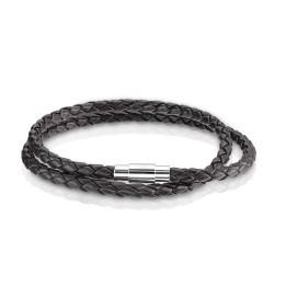 Bracelet Double Tour Cuir Tressé Marron Fermoir Magnétique Argenté – 190 à 216 mm | Piercing Street