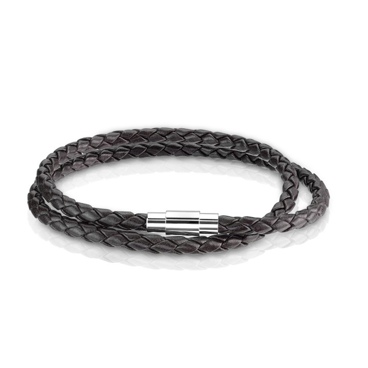 Bracelet Double Tour Cuir Tressé Marron Fermoir Magnétique Argenté – 190 à 216 mm | Piercing Street