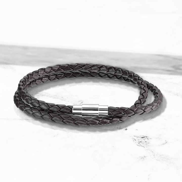 Bracelet Double Tour Cuir Tressé Marron Fermoir Magnétique Argenté – 190 à 216 mm | Piercing Street