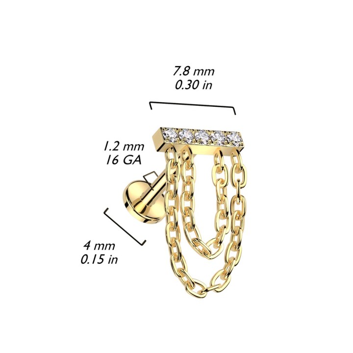 Piercing Hélix Titane ASTM F136 Doré PVD – Barre Zircons & Double Chaîne | Piercing Street