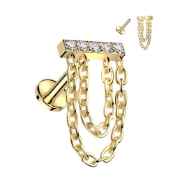 Piercing Hélix Titane ASTM F136 Doré PVD – Barre Zircons & Double Chaîne | Piercing Street