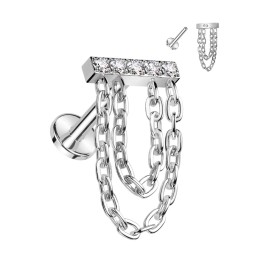 Piercing Hélix Titane ASTM F136 Argenté – Barre Zircons & Double Chaîne | Piercing Street