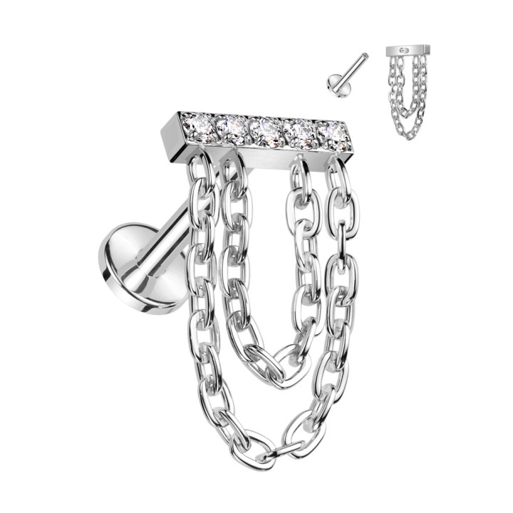 Piercing Hélix Titane ASTM F136 Argenté – Barre Zircons & Double Chaîne | Piercing Street