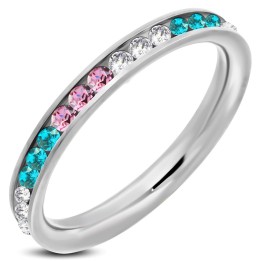 Bague Éternité Acier Zircons Multicolores Blanc Rose Turquoise – 3 mm | Piercing Street