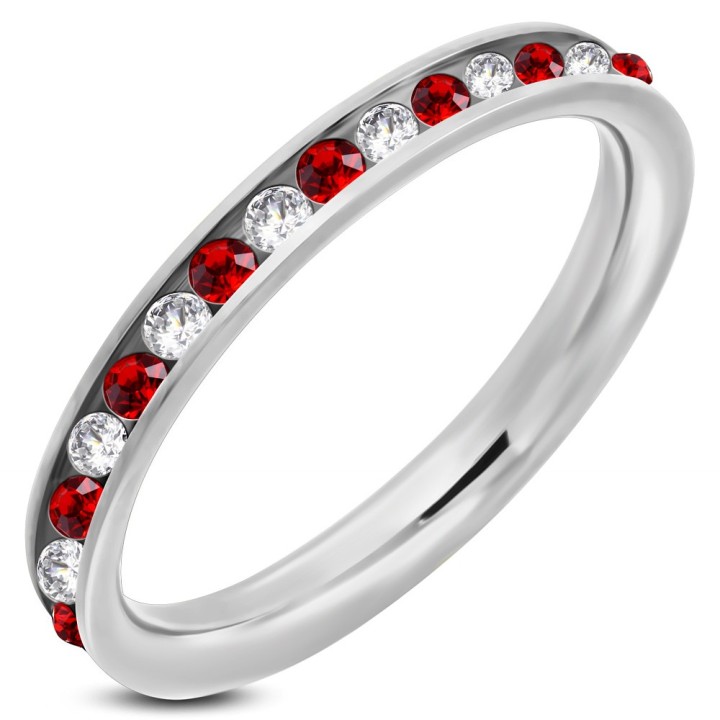 Bague Éternité Acier Zircons Blanc et Rouge – 3 mm | Piercing Street