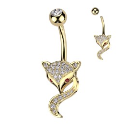 Piercing Nombril Renard Doré PVD Pavé Zircons Blancs & Yeux Rouges | Piercing Street