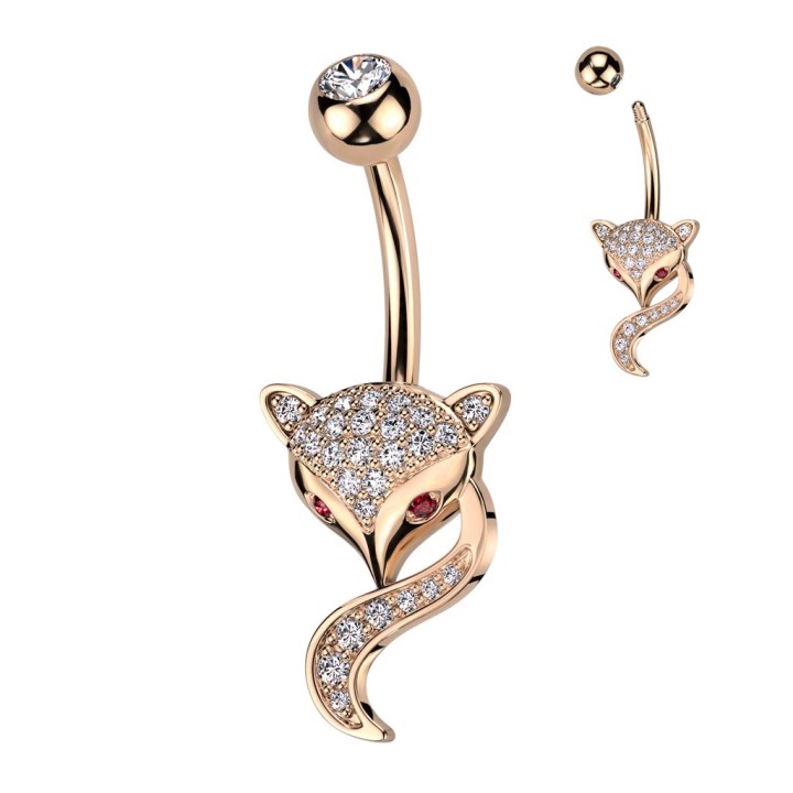 Piercing Nombril Renard Rose Gold PVD Pavé Zircons Blancs & Yeux Rouges | Piercing Street