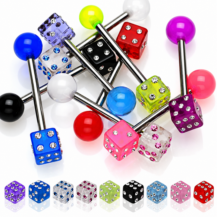 Piercing langue acier 316L Dé acrylique Gemmes