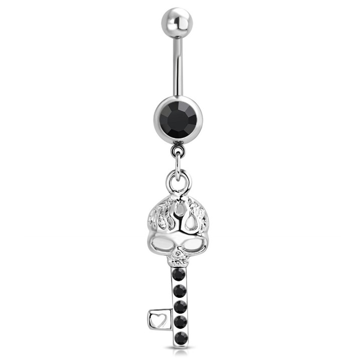Piercing Nombril Pendentif Clé Crâne Zircons Noirs Acier 316L | Piercing Street