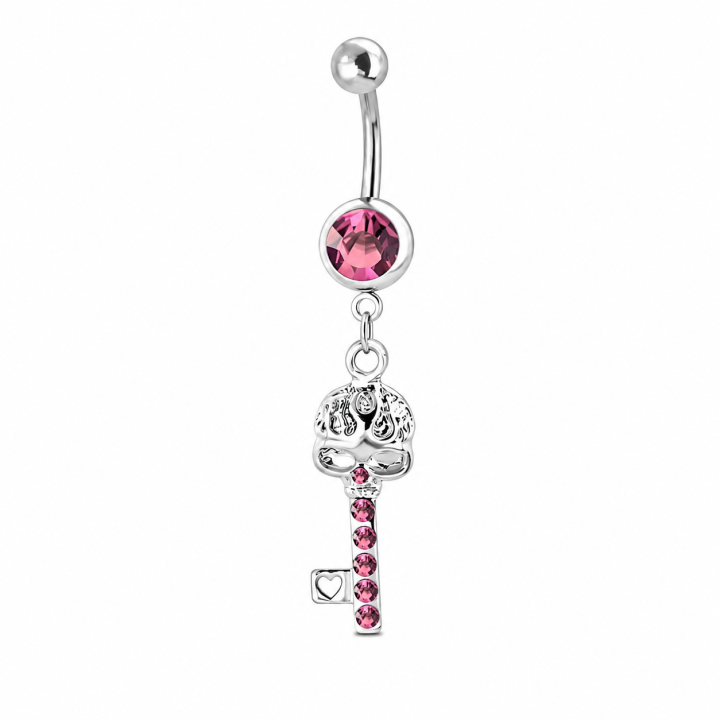 Piercing Nombril Pendentif Clé Crâne Zircons Roses Acier 316L | Piercing Street
