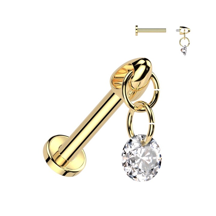Piercing Oreille Labret Titane ASTM F136 Doré PVD – Zircon Pendant | Piercing Street