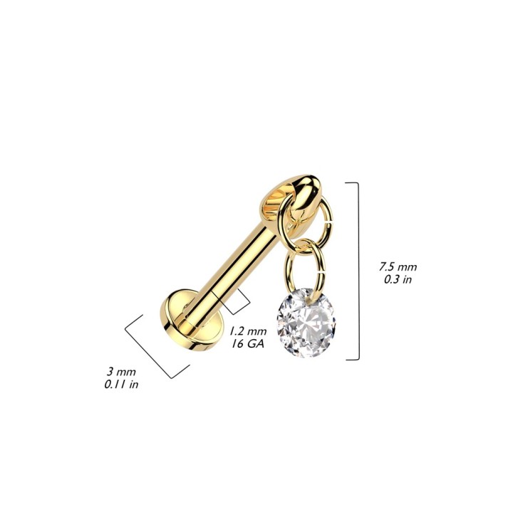 Piercing Oreille Labret Titane ASTM F136 Doré PVD – Zircon Pendant | Piercing Street