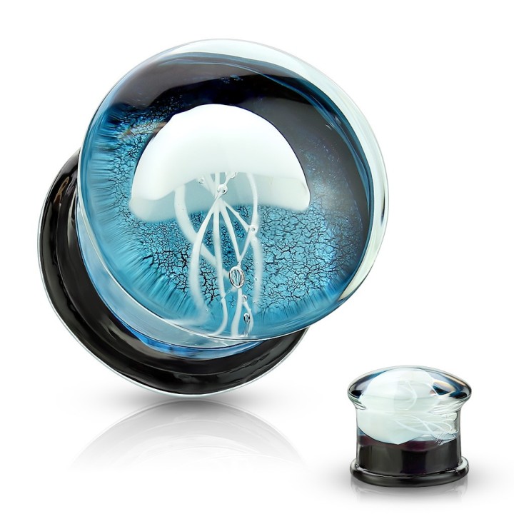 Plug Oreille Verre Soufflé – Méduse Flottante Fond Bleu – 8 à 16 mm | Piercing Street