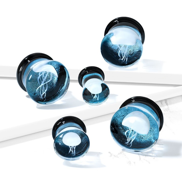 Plug Oreille Verre Soufflé – Méduse Flottante Fond Bleu – 8 à 16 mm | Piercing Street