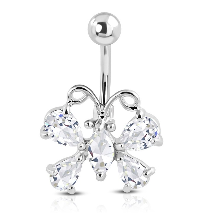 Piercing Nombril Papillon 5 Zircons Blancs Acier 316L | Piercing Street