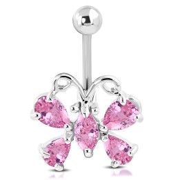 Piercing Nombril Papillon 5 Zircons Roses Acier 316L | Piercing Street