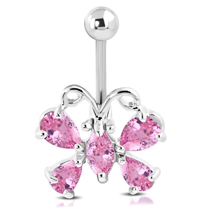 Piercing Nombril Papillon 5 Zircons Roses Acier 316L | Piercing Street