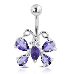Piercing Nombril Papillon 5 Zircons Améthyste Acier 316L | Piercing Street