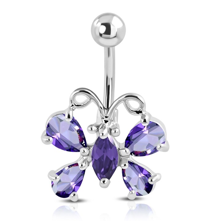 Piercing Nombril Papillon 5 Zircons Améthyste Acier 316L | Piercing Street