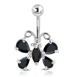 Piercing Nombril Papillon 5 Zircons Noirs Acier 316L | Piercing Street