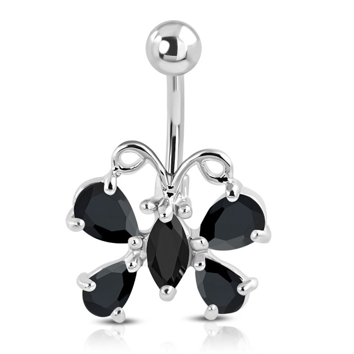 Piercing Nombril Papillon 5 Zircons Noirs Acier 316L | Piercing Street