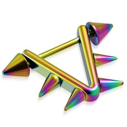 Piercing Téton Homme Étrier Triangulaire Anodisé Arc-en-Ciel Pointes Coniques | Piercing Street