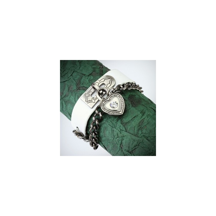 Bracelet cuir blanc cadenas coeur