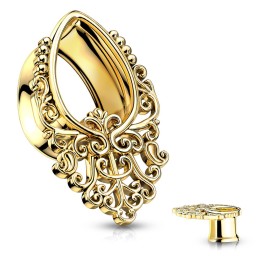 Tunnel Oreille Forme Larme Doré PVD Filigrane Arabesque – 8 à 16 mm | Piercing Street