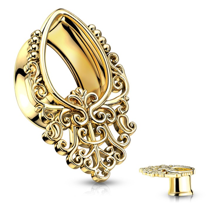 Tunnel Oreille Forme Larme Doré PVD Filigrane Arabesque – 8 à 16 mm | Piercing Street