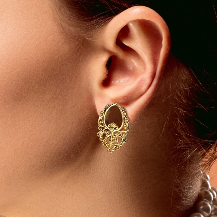 Tunnel Oreille Forme Larme Doré PVD Filigrane Arabesque – 8 à 16 mm | Piercing Street