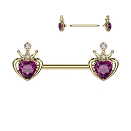 Piercing Téton Barbell Doré PVD Cœur Couronne Cristal Rose Foncé | Piercing Street