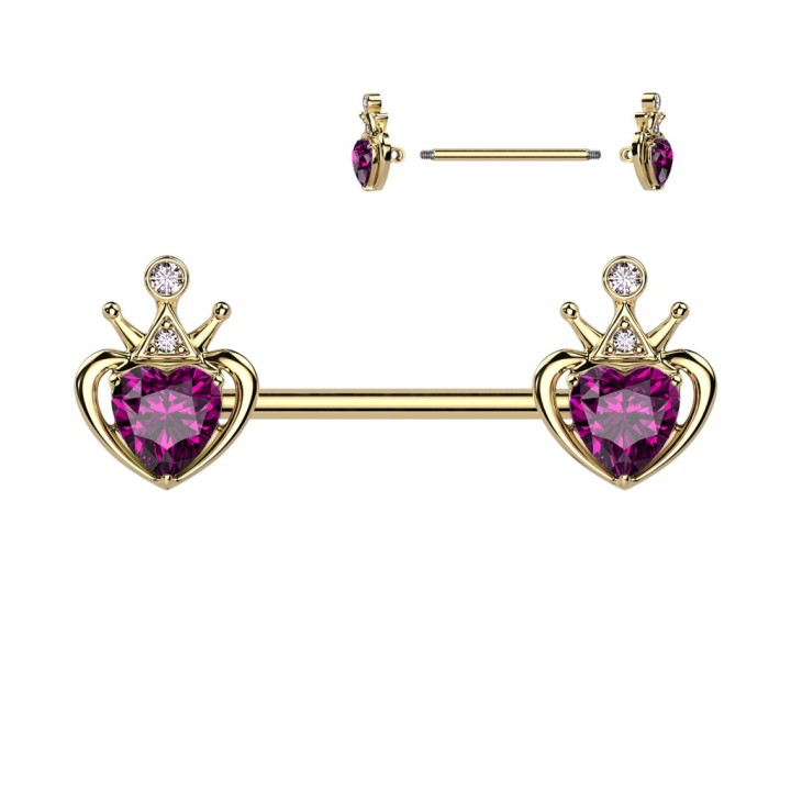 Piercing Téton Barbell Doré PVD Cœur Couronne Cristal Rose Foncé | Piercing Street