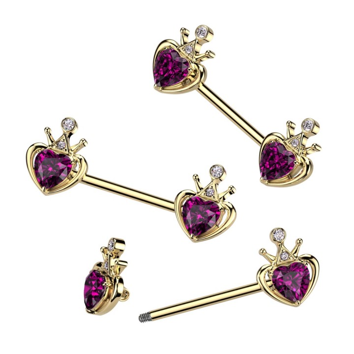 Piercing Téton Barbell Doré PVD Cœur Couronne Cristal Rose Foncé | Piercing Street